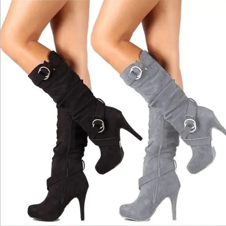 2023Sexy Kniehohe Frauen Stiefel Thin High Heel Runde Kappe Plattform Mode Damen Pu Leder Stiefel Größe 34-43 dame Schuhe