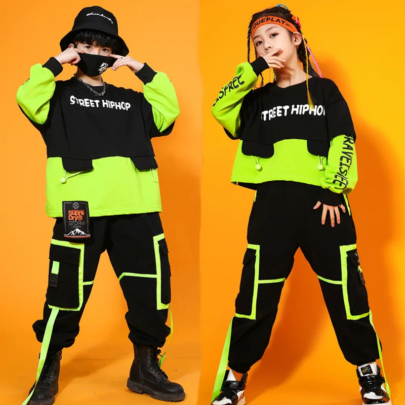 Jungen Cool Hip Hop Fake Two Sweatshirt Mädchen 2-teiliges Set Kinder Cargohose Street Dance Kleidung Teen Jazz Streetwear Kinderkostüm