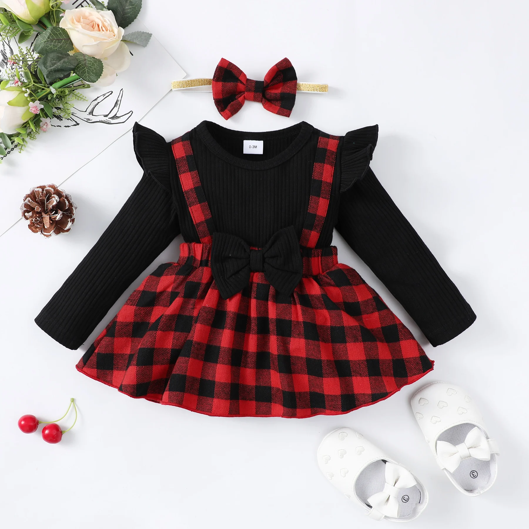 Neugeborenes Baby-Mädchen-Kleid mit kleinen Fliegenärmeln, kariertem Kleid und Schleifen-Stirnband, 0–18 Monate altes Baby-Frühlings- und Herbstkleid Image