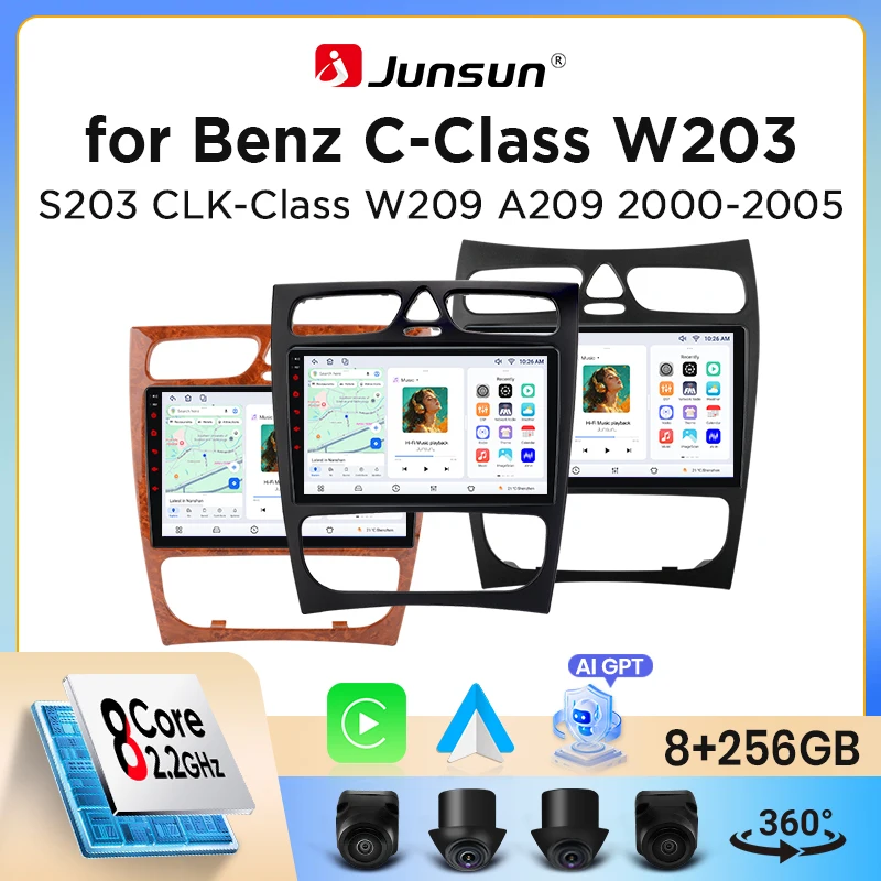 Junsun Wireless CarPlay Android Auto Autoradio für Mercedes-Benz C-Klasse (W203) / CLK-Klasse (C209/A209) 2000-2009 mit integriertem Lüfter, Android GPS-Navigation, Multimedia-Player, WiFi, DSP, RDS, BT, SWC, IPS-Touchscreen, Autoradio, Videoplayer,... Image