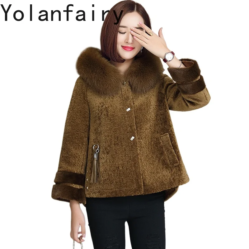 YOLANFAIRY 100 % Wollmäntel für Damen, 2025, Winter, lässig, mit Kapuze, Schafschurjacke, Damen-Fuchspelzkragen, warme Wolljacken Image
