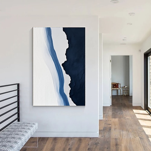 Handgefertigtes, marineblaues, abstraktes 3D-Kunstwerk mit Textur, minimalistisches cremefarbenes Wandbild, Originalgemälde auf Leinwand, großes vertikales Wanddekor aus Gips, übergroßes blaues Image