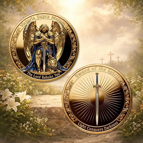 Gedenkmünze zum Erzengel Michael – Symbol des Schwertes des Geistes, religiöse Herausforderungsmünze, Licht besiegt Dunkelheit, christliches Sammlerstück, Geschenk mit Glaubensbezug Image