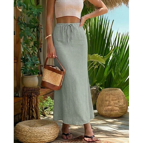 Damen Urlaubsrock Mode Lässig Maxi Hohe Taille Röcke Kordelzug Unelastisch Amethyst Marineblau Aprikose moosgrün Sommer Image