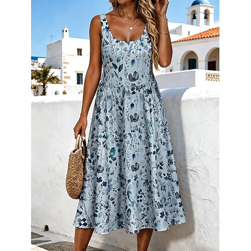 Damen Midikleid Sommerkleid A Linie Kleid Schulterfreies Kleid Urlaub Lässig Boho Strand Date Normale Passform Blumen Grafik Ärmellos U-Ausschnitt Blau Weiß Kamel Sommer Frühling