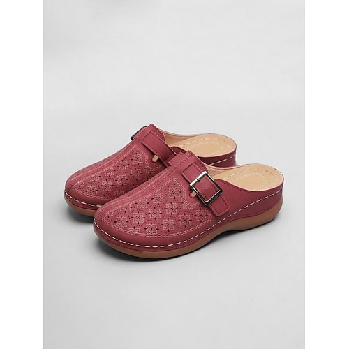 Burgunderrote Damen-Pantolette mit Blumenmuster – bequeme Clogs mit geschlossener Zehenpartie und Ziernähten, lässiges Schuhwerk für den ganzen Tag, ideal für den täglichen Weg zur Arbeit. reisen Image