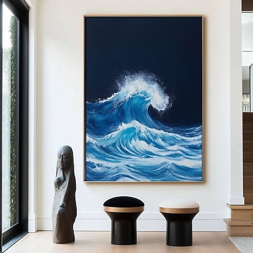 Handgemaltes Kunstwerk, 3D-strukturiertes Meereslandschaftsgemälde, marineblau-weiße Ozeanwellenkunst, abstrakte Strömungsmalerei auf Leinwand, Küstenwanddekoration Image