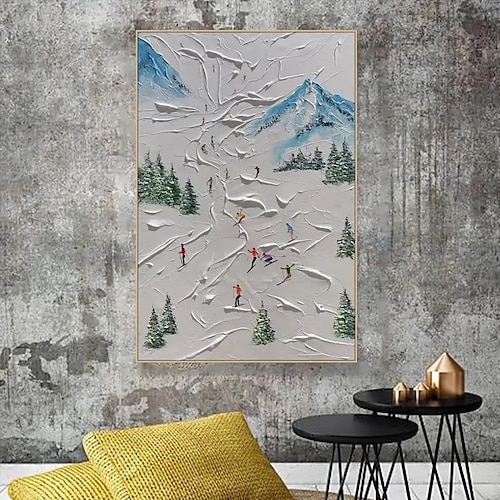 Handgemaltes Ölgemälde auf Leinwand, Wanddekoration, dicke Ölfarbe, Schneelandschaft, Skifahren, für Wohnzimmerdekoration, gerollt, rahmenlos, ungespannt Image