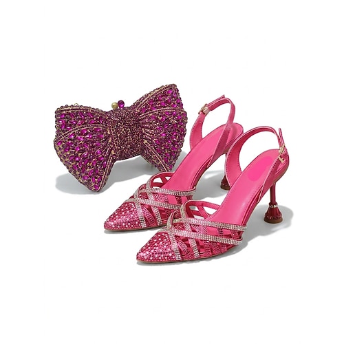 Rosa Strass-Schuh- und Taschenset für Damen – spitze Slingbacks und Clutch mit Schleife für Hochzeitsgäste in der Stadt Image