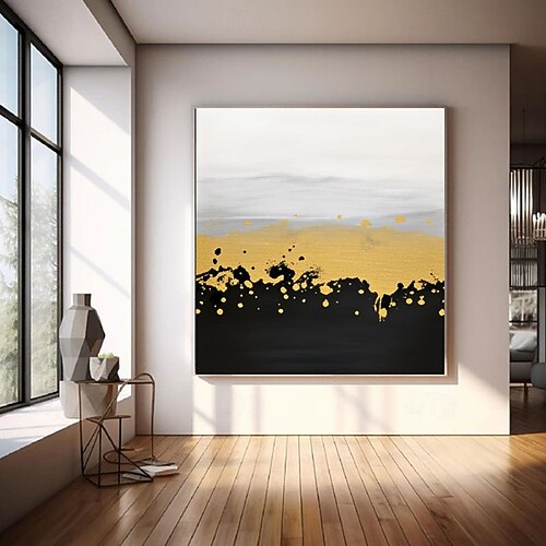 Gold Schwarzes abstraktes Gemälde, quadratische, strukturierte Leinwand, handgemaltes, modernes Wandbild für Wohnzimmer, Schlafzimmer oder Büro Image