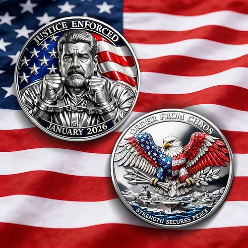 Sammlermünze „Justice Enforced", Januar 2026, patriotischer amerikanischer Adler Flaggenmotiv, Gedenkmünze „Ordnung aus dem Chaos", Souvenir „Stärke sichert Frieden" Image