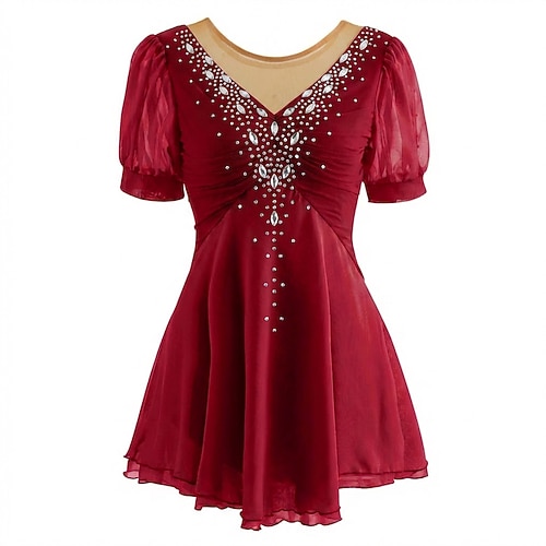 Eiskunstlaufkleid Damen Eislaufen Kleid Rot Patchwork Offener Rücken Dehnbar Training Wettbewerb Eiskunstlaufkleidung Klassisch Kristall / Strass Kurzarm Eislaufen Eiskundstlauf Image