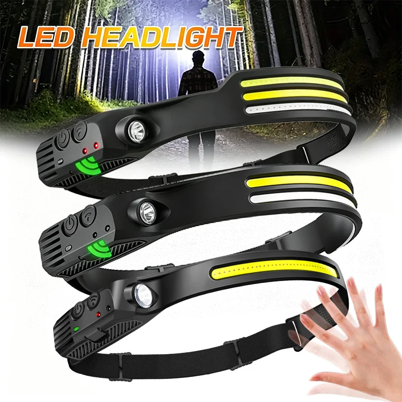 USB wiederaufladbare COB-LED-Stirnlampe, Bewegungssensor, eingebauter Akku, helle IPX4-wasserdichte Stirnlampe für Outdoor-Camping und Wandern Image