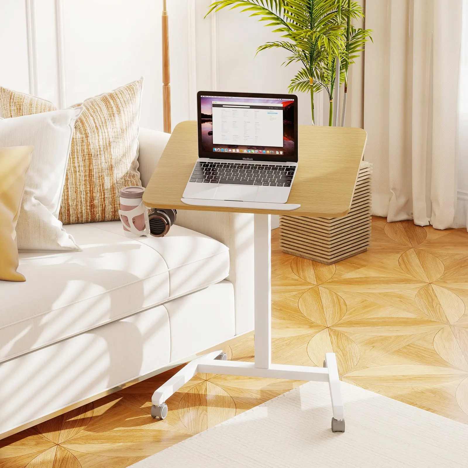 Scrivania Mobile Regolabile in Altezza con 90 Gradi di Inclinazione ° Scrivania pieghevole regolabile in altezza con portabicchieri e gancio – Tavolo portatile con base a H per computer, per casa e