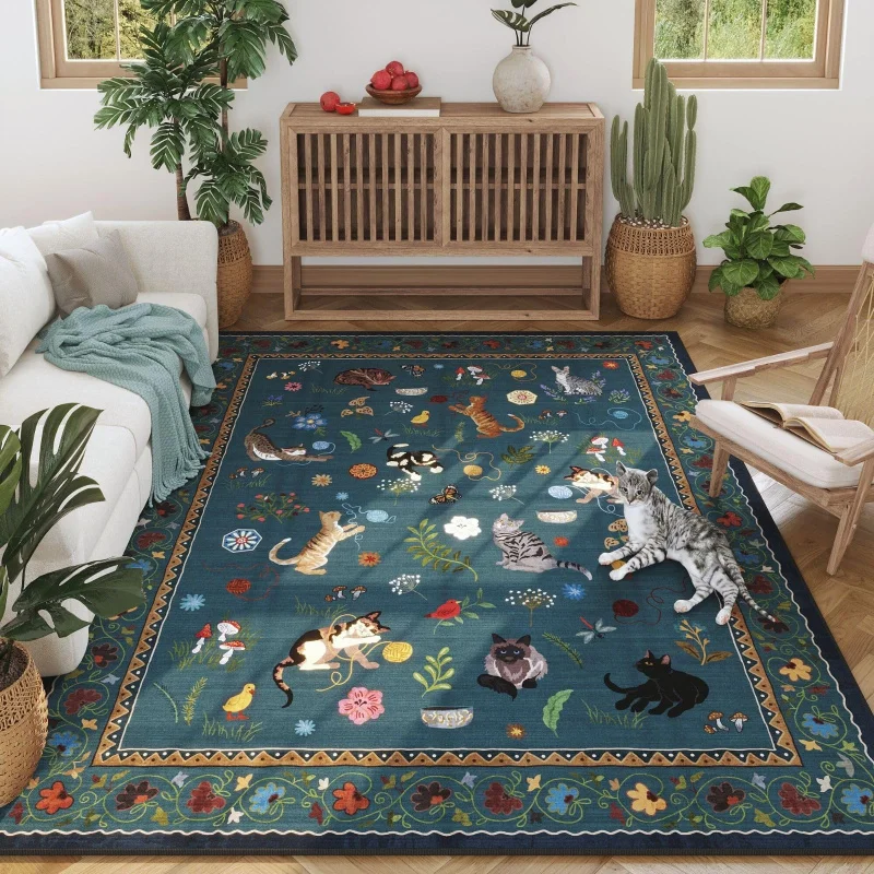 VIKAMA Verspielter Katzen- & Blumen-Teppich, Rutschfester Waschbarer Türkisfarbener Teppich, Niedlicher Kätzchen-Botanik-Druck Bodenmatte für Wohnzimmer Image