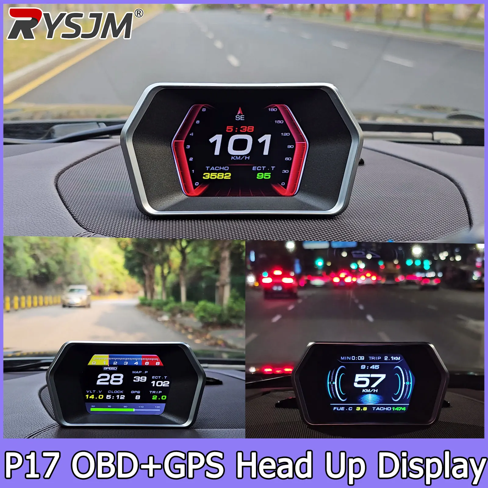 P17 HUD Head-Up-Display Auto OBD2 GPS On-Board-Diagnosecomputer Digitaler Tachometer Spannungsmesser Autoelektronik Image
