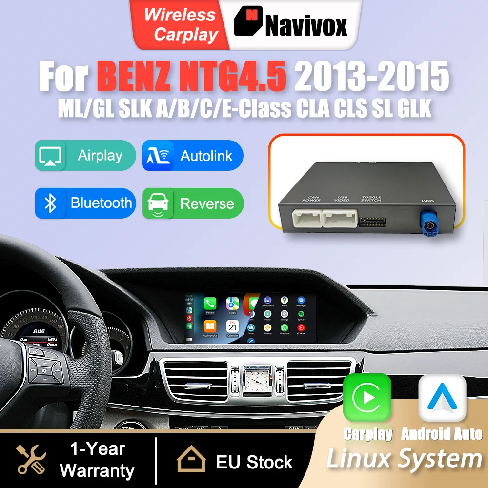 Adattatore Wireless CarPlay Android Auto per Mercedes Benz NTG4.5 CLA W117 ML/GL W166 SLK W172 Classe A W176 Classe B W242 W246 Classe C W204 CLS W218 Classe E W207 W212 SL W231 GLK X204 con Mirror