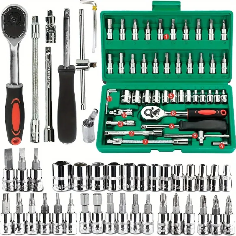 Set di chiavi a bussola da 46 pezzi, set di chiavi a cricchetto da 1/4 di pollice con bussole metriche esagonali, set di bit per meccanici, kit di attrezzi per riparazioni domestiche e auto