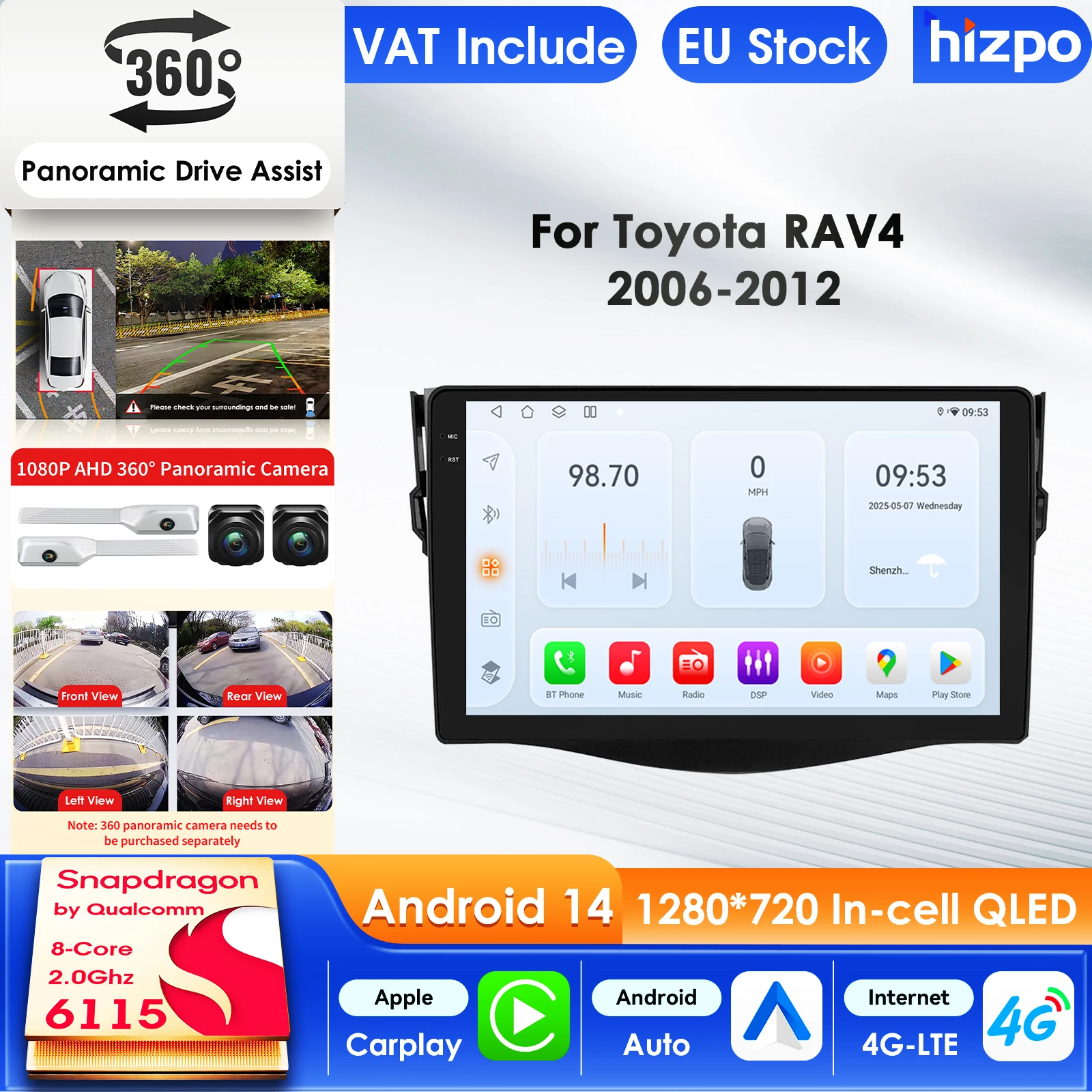 Hizpo Autoradio für Toyota RAV4 Rav 4 2006–2012 Audio-Multimedia-Player Android Auto GPS Carplay WIFI 4G FM BT Autoradio 360 Cam Image