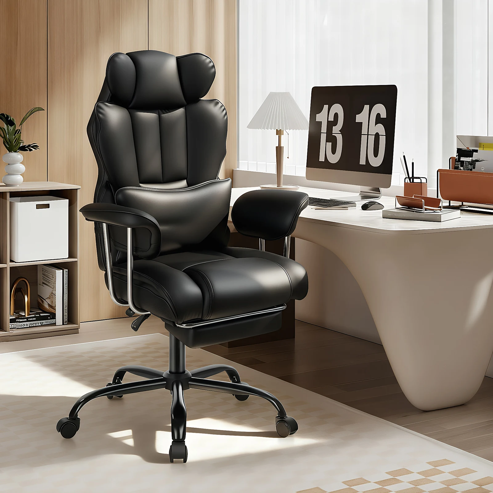 Bürostühle, Chefsessel, ergonomische Gaming-Stühle, mit Fußstützen, verstellbaren Rückenlehnen, drehbaren Armlehnen, klappbaren Armlehnen.