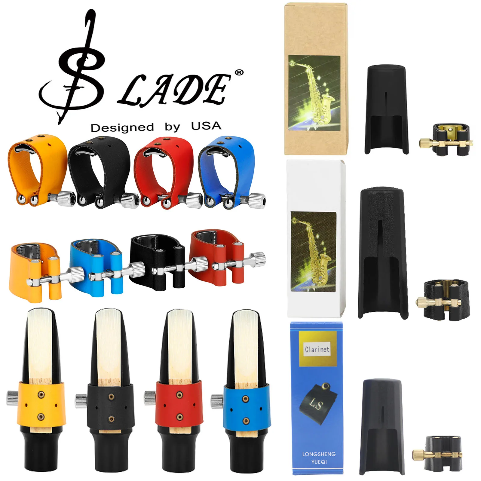 SLADE Saxophon/Klarinette Mundstück Clip und Kunststoff Abdeckung Set Leder Gefederte Ligatur Kopfstück Holzblasinstrument Ersatzteil Image