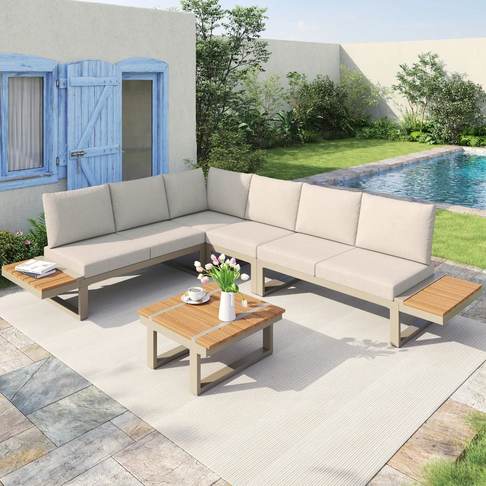 PINGGO Gartenmöbel-Set mit Verstellbarem Neigbarem Tisch aus Verzinktem Stahlrohr und Kunststoffholz-Tischplatte mit Kaffeetisch und Regalen