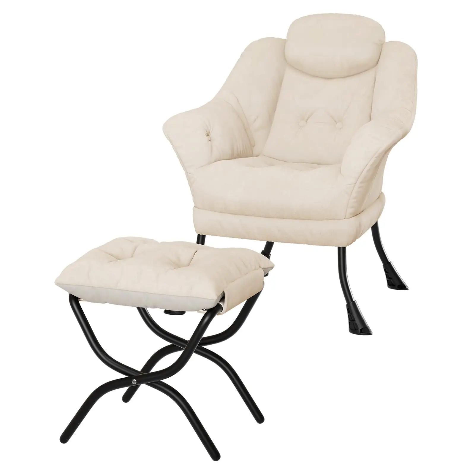 Gepolsterter Sessel mit Hocker – Moderner, gepolsterter Loungesessel mit Armlehnen und Seitentasche für Wohn- und Schlafzimmer