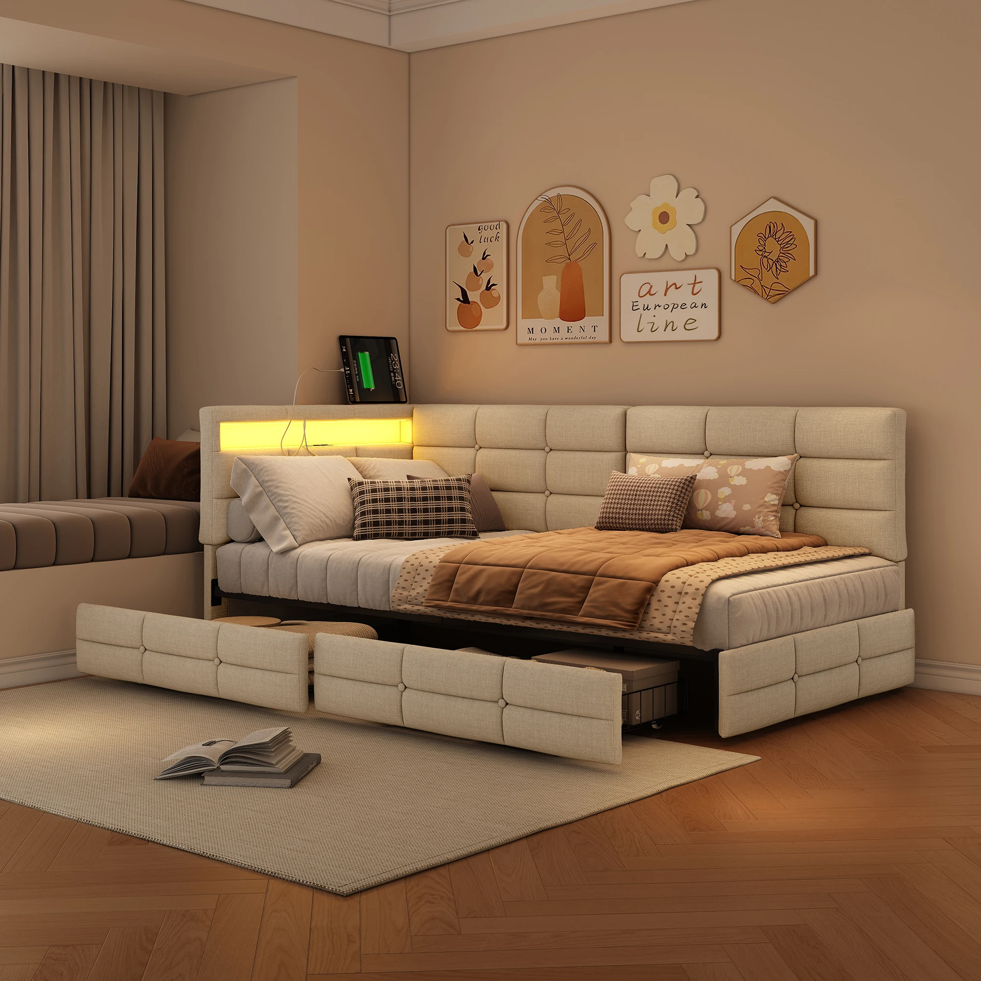 Rosahqnda Polster-Schlafsofa 90x200cm mit 2 Schubladen, Jugendbett mit LED-Beleuchtung und USB-Ladestation, Einzelbett Image