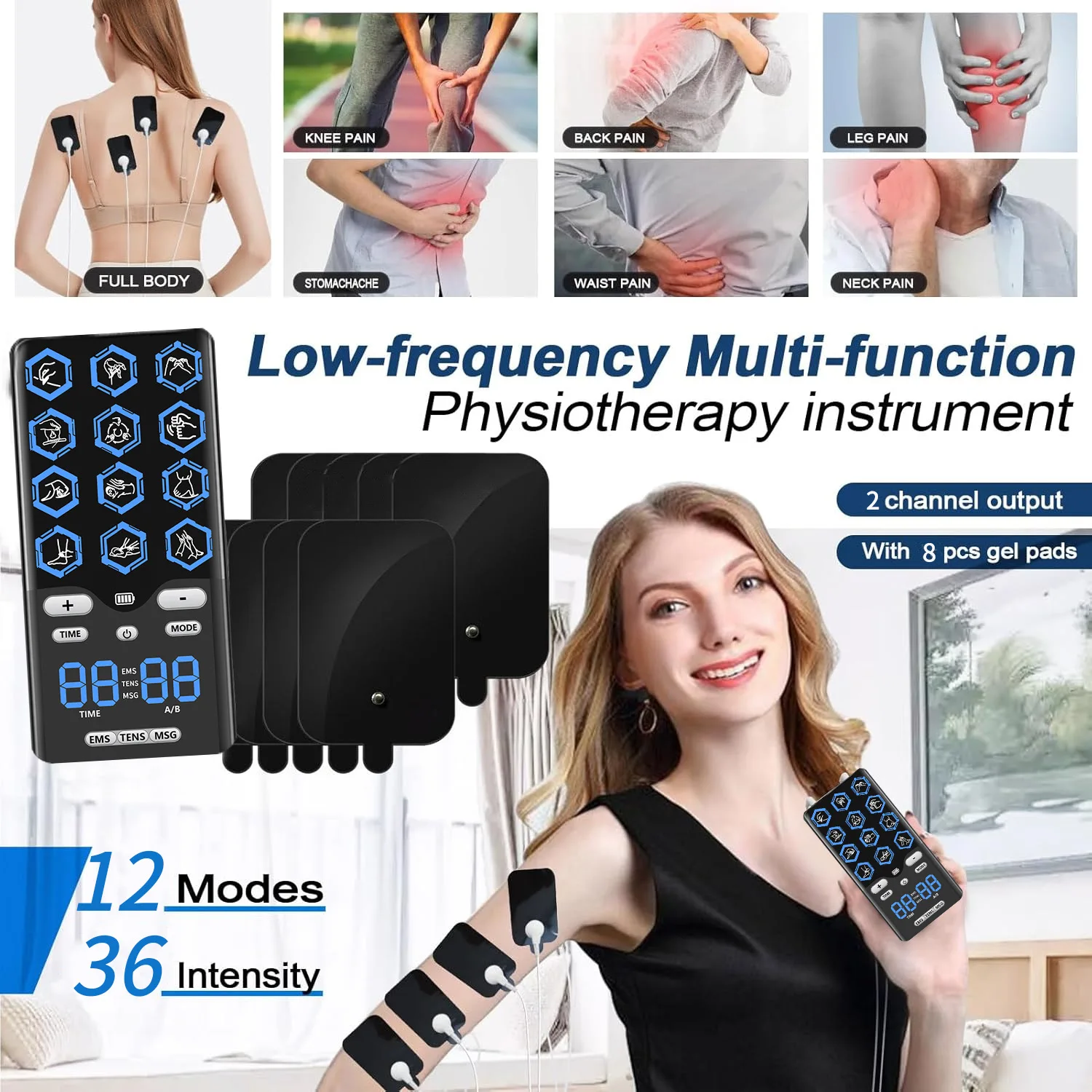EMS Muskelstimulatoren Entspannung 36 Stufen TENS Elektrostimulator Puls-Akupunktur-Massagegerät Schmerzlinderung mit 8 Pads Image