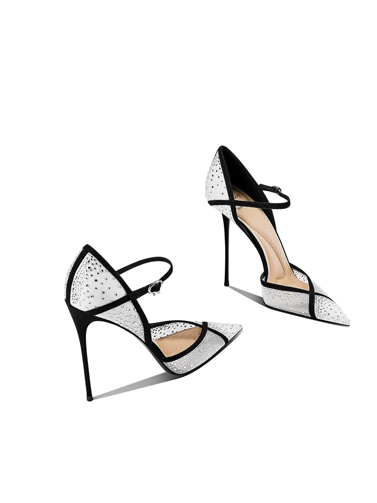2026 Frühling und Sommer Neue Spitze Mesh-Sandalen mit Strass, Hohldesign, Bankett-Kleid-Schuhe, Große Größen, Stiletto-Absatz Damenschuhe