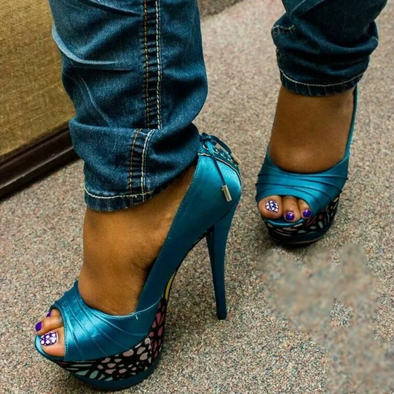 Blau Lace Up Slip Auf Plattform Pumpen Dünne High Heel Sexy Modische Kühlen Sommer Casual Große Größe Frau Schuhe Zapatillas Mujer