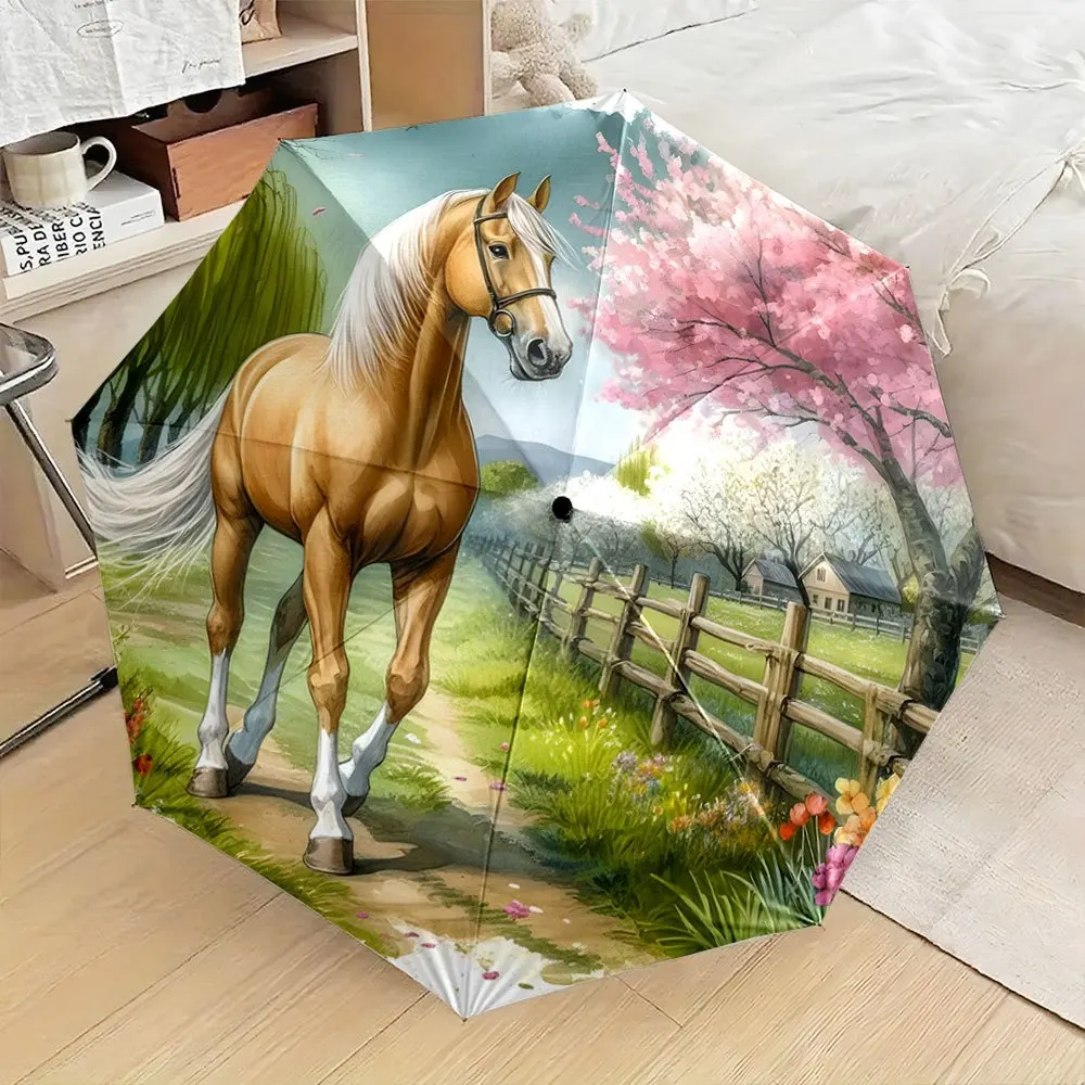 Faltbarer Regenschirm mit Pferde- und Kirschblütenmotiv - 8-Rippen Kompakter Tragbarer Regenschirm - Inspiriert vom Reitsport-Design mit Goldenem H Image