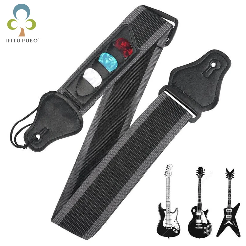 Verstellbarer E-Gitarrengurt mit 3 Gitarrenplektren, Halter, PU-Lederenden, Akustikgitarre, Bassgurt, Gürtelzubehör GYH Image