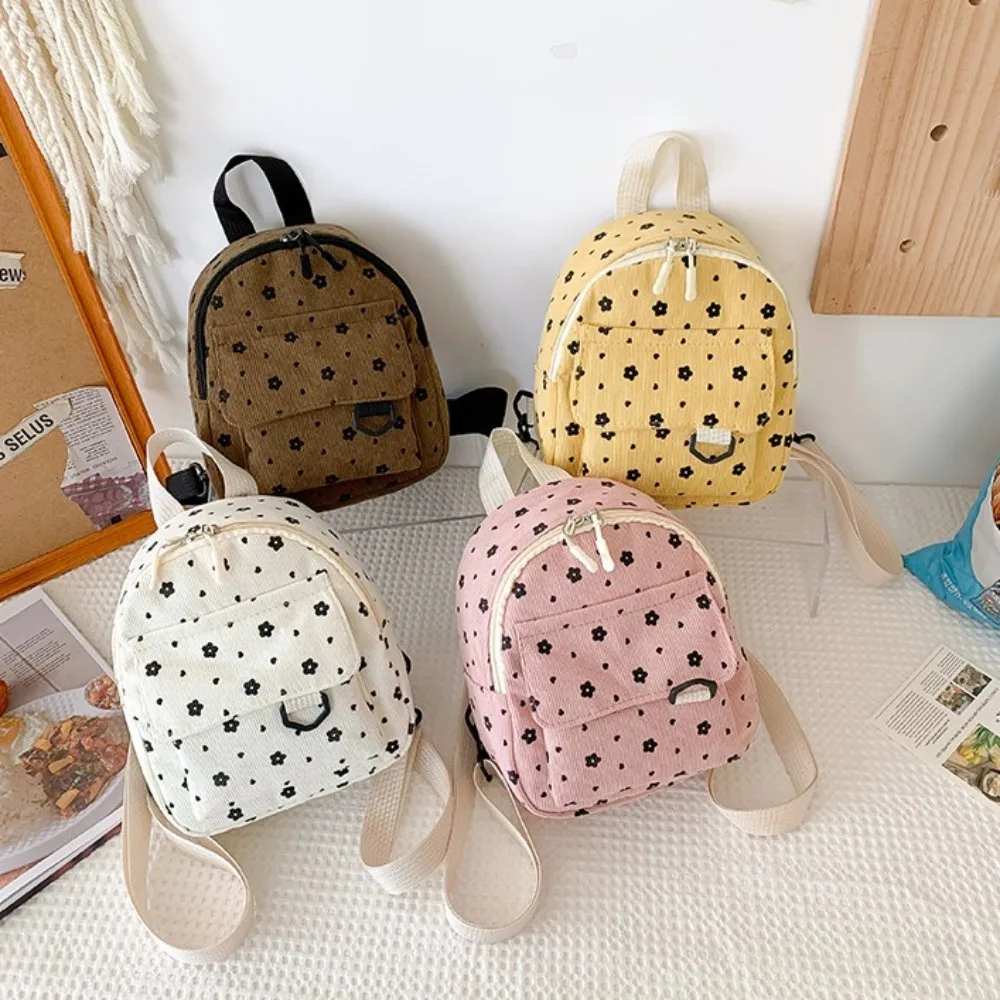 Niedliche kleine Rucksäcke mit Blumendruck, leicht, mehrere Taschen, Cord-Mini-Rucksack, Damenmode, Damen-Umhängetasche, 4 Farben Image
