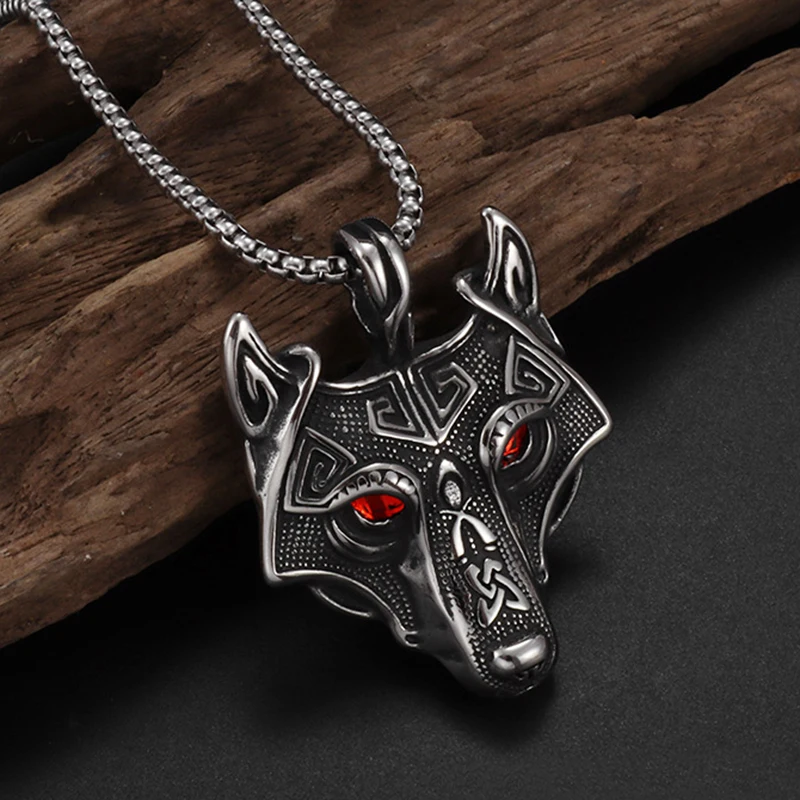 Vintage Keltischen Stil Rote Augen Wolf Kopf Anhänger Halskette Für Männer Frauen Hip Hop Punk Silber Farbe Box Hals Kette Schmuck Geschenke