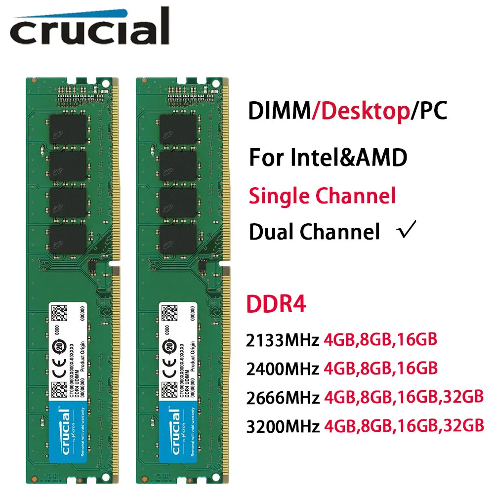 Crucial Desktop-PC DDR4 Arbeitsspeicher 32GB 16GB 4GB 8GB 2133 2400 2666 3200MHz PC4-21300 25600 19200 DIMM Single Dual Channel RAMs Image