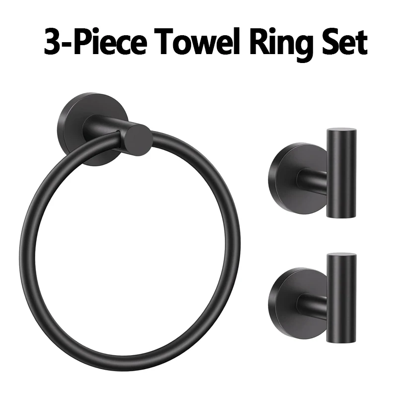 Ensemble d'anneaux porte-serviettes de salle de bain 3 pièces avec 2 crochets à serviettes, accessoires de quincaillerie de bain noirs muraux