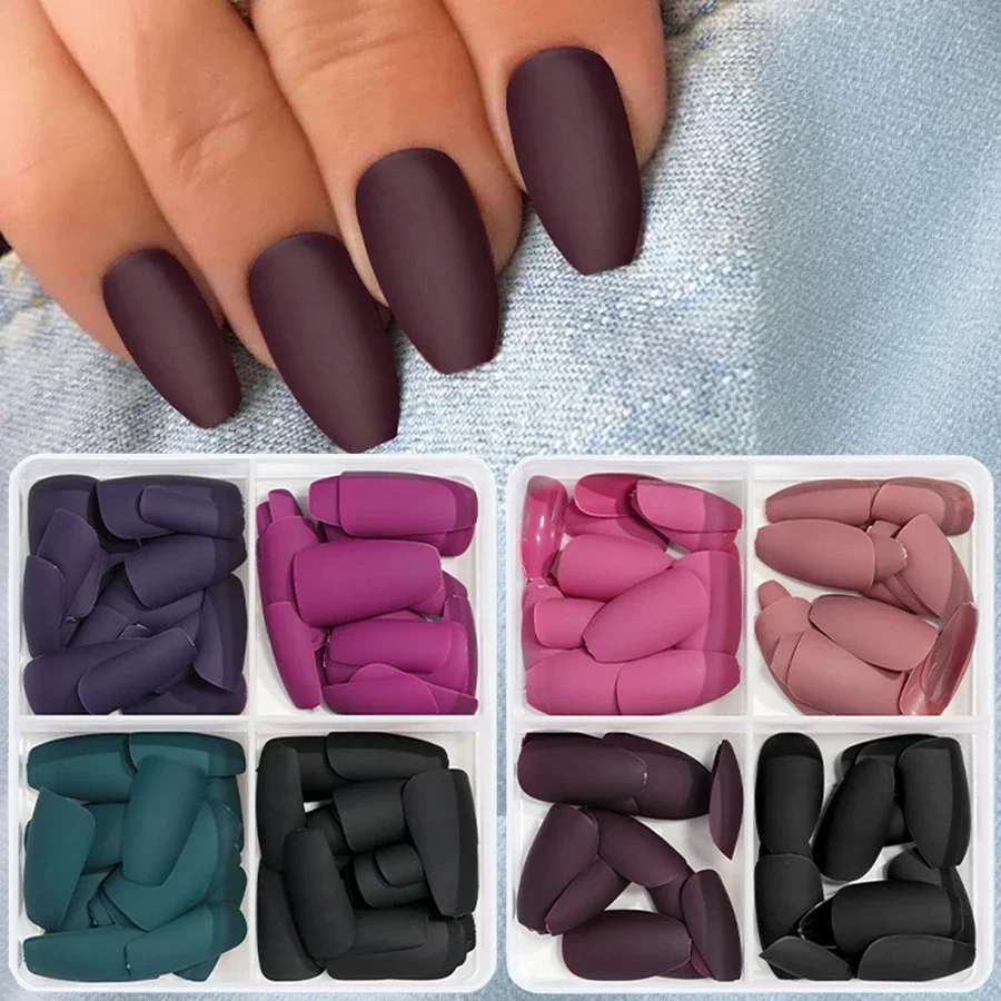96 Stück kurze, vollflächige, matte Nägel zum Aufdrücken, einfarbig, einfach anzubringende künstliche Nagelspitzen für schnelle Maniküre Image