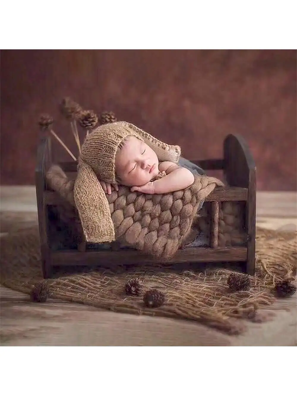 Neugeborenen Holz Fotografie Prop Braun Kleines Bett Retro Stil Baby Hundert Tage Schießen Gedenk Prop Image