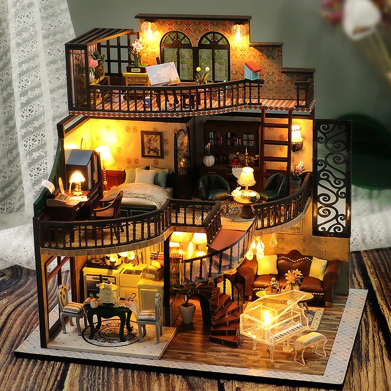 Holz Puppenhaus 3D Puzzle Montage Gebäude Modell Kit Produktion Kleine Zimmer Spielzeug Hause Schlafzimmer Dekoration Mit Möbel Licht Image
