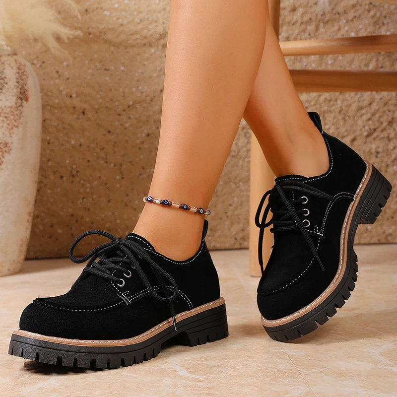 2026 Vintage Schwarz Oxford Schuhe Frauen Plus Größe 43, Dicken Boden Lace Up Schuhe Frau Frühling Nicht Slip Plattform Casual schuhe Weibliche