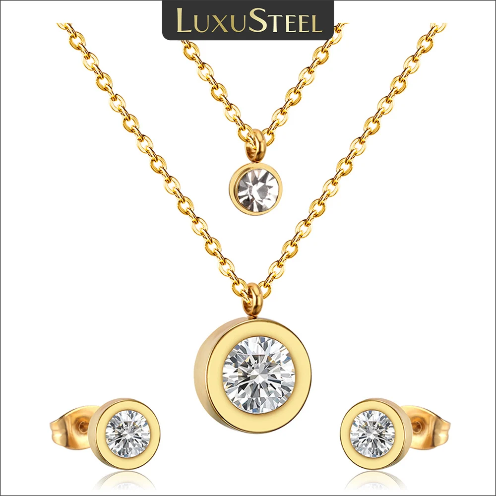 LUXUSTEEL Zirkonia Schmuck Sets Edelstahl Doppel Runde Anhänger Halskette Ohrring Sets Weiblichen Kette Schmuck Bijoux Image