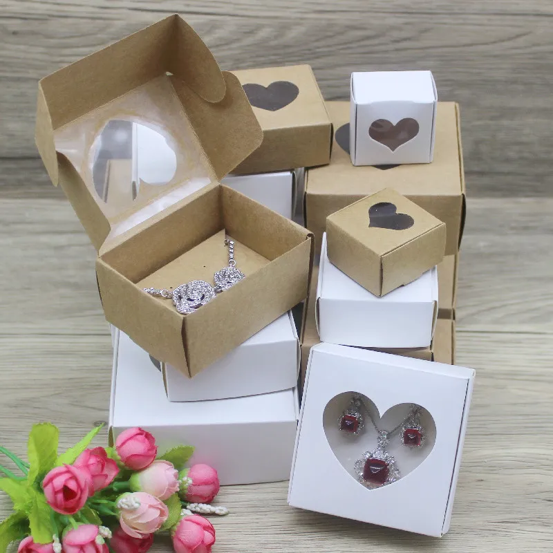 10 Stück DIY handgemachte Papier Schmuck Halskette Ohrring Verpackung Box mit Fenster Rindsleder weiß Design Schmuck Ring Verpackung Papier Bo Image