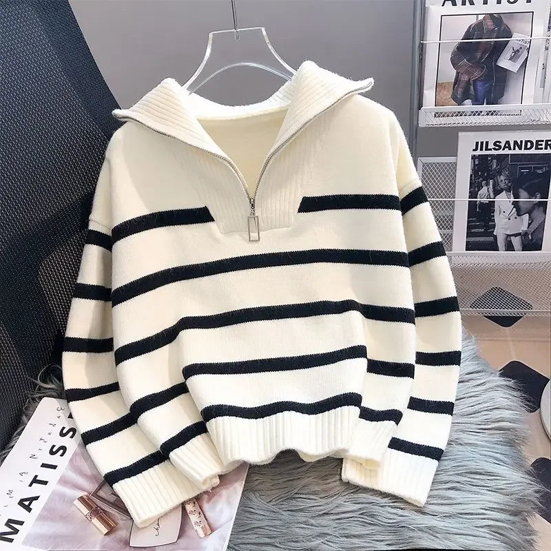Pullover Pullover Frauen Frühling und Herbst Unterwäsche 2023 Neue Reißverschluss Streifen Unterlage kurzen Stil beliebte Premium Pullover weiblich Image