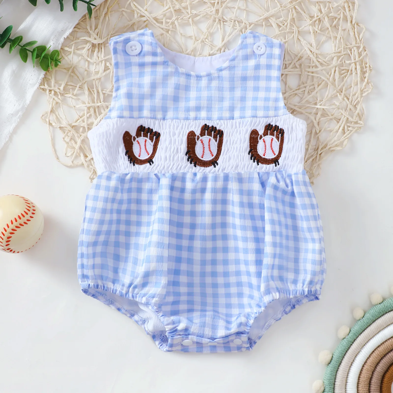 Kleinkind Kleinkind Baseball besticktes Muster Strampler Dreieck Design Baby Body Kleidung für Kinder Image