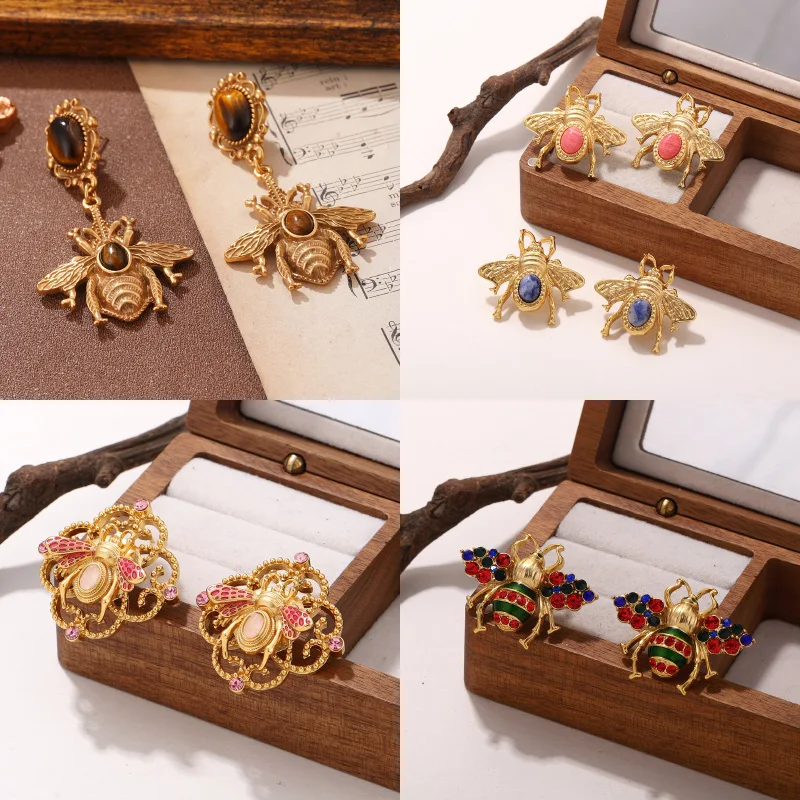 Vintage elegante Biene-Insekten-Ohrstecker für Frauen – goldfarbener Statement-Schmuck, verschiedene Stile, Bienen-Ohr-Charm, tägliche Ohrschmuck Image