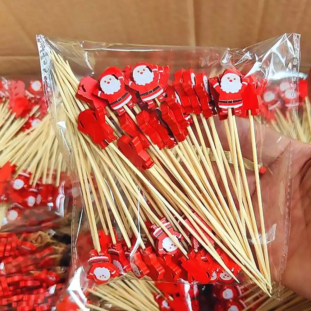 50 stücke Weihnachten Obst Bambus Sticks Für Kuchen Lebensmittel Pick Zahnstocher Weihnachten Party Dekoration Dessert Zahnstocher Party Liefert Image