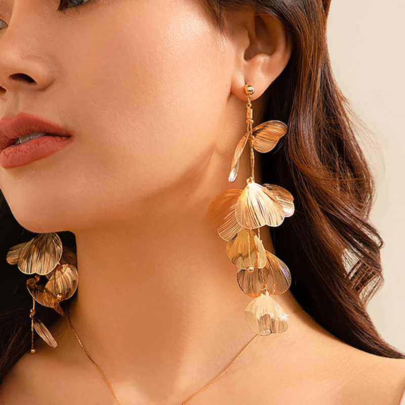 Boho Vintage große Blütenblatt lange Quaste Tropfen Ohrringe für Frauen 2024 Trend Gold Farbe hängende Piercing Ohrringe Mi Schmuck