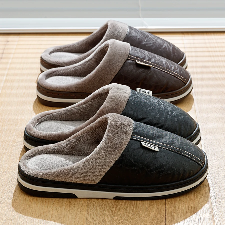 Männer Große Größe Winter hausschuhe Indoor PU Leder Hause Wasserdicht Flauschigen Casual Rutschen Männer Schlafzimmer Bequeme Schuhe Houseshoes