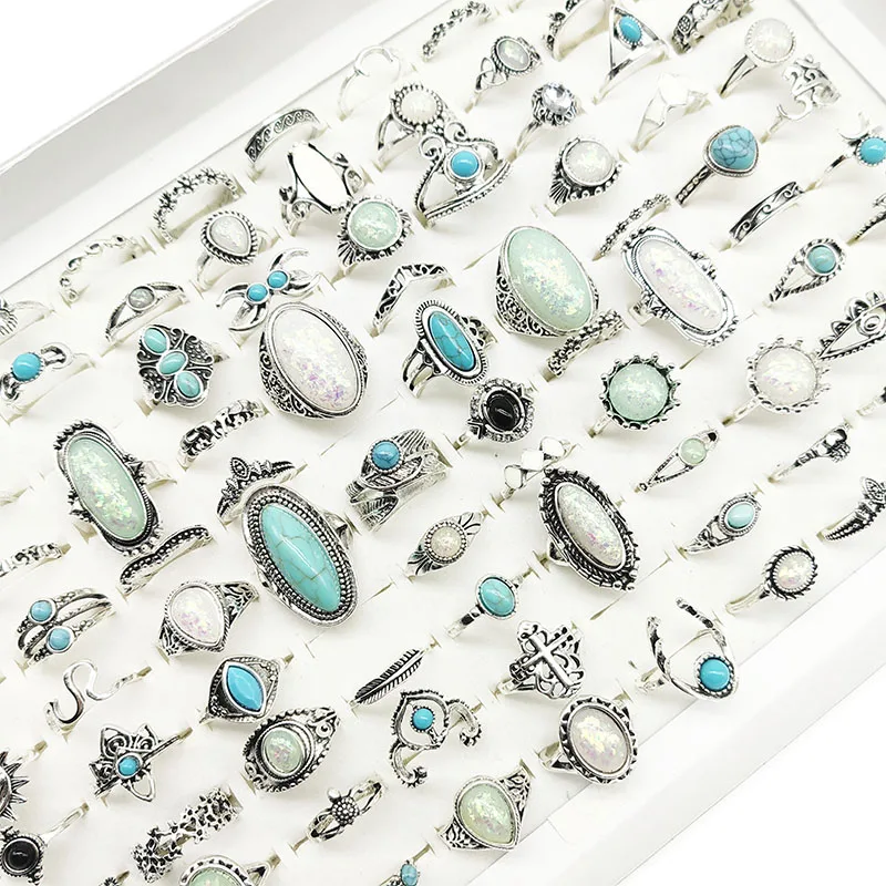 50 teile/los Großhandel Neue Große Opal Stein Finger Ringe Für Frauen Böhmen Weiß Emaille Acryl Wasser Tropfen Geschnitzte Hohl Schmuck Mädchen